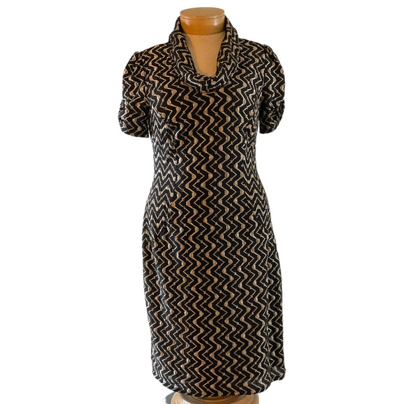 Evan-Picone Women's 12 Black Gold Dress Cowl Neck Short Sleeve Vertical Zigzag - Picture 1 of 12